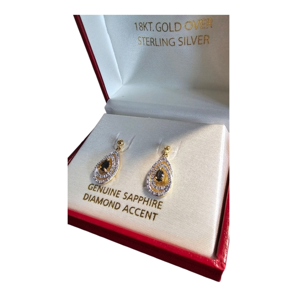 Elegant 18KT Gold Over Sterling Silver Sapphire Earrings with Diamond Accent - Picture 2 of 6